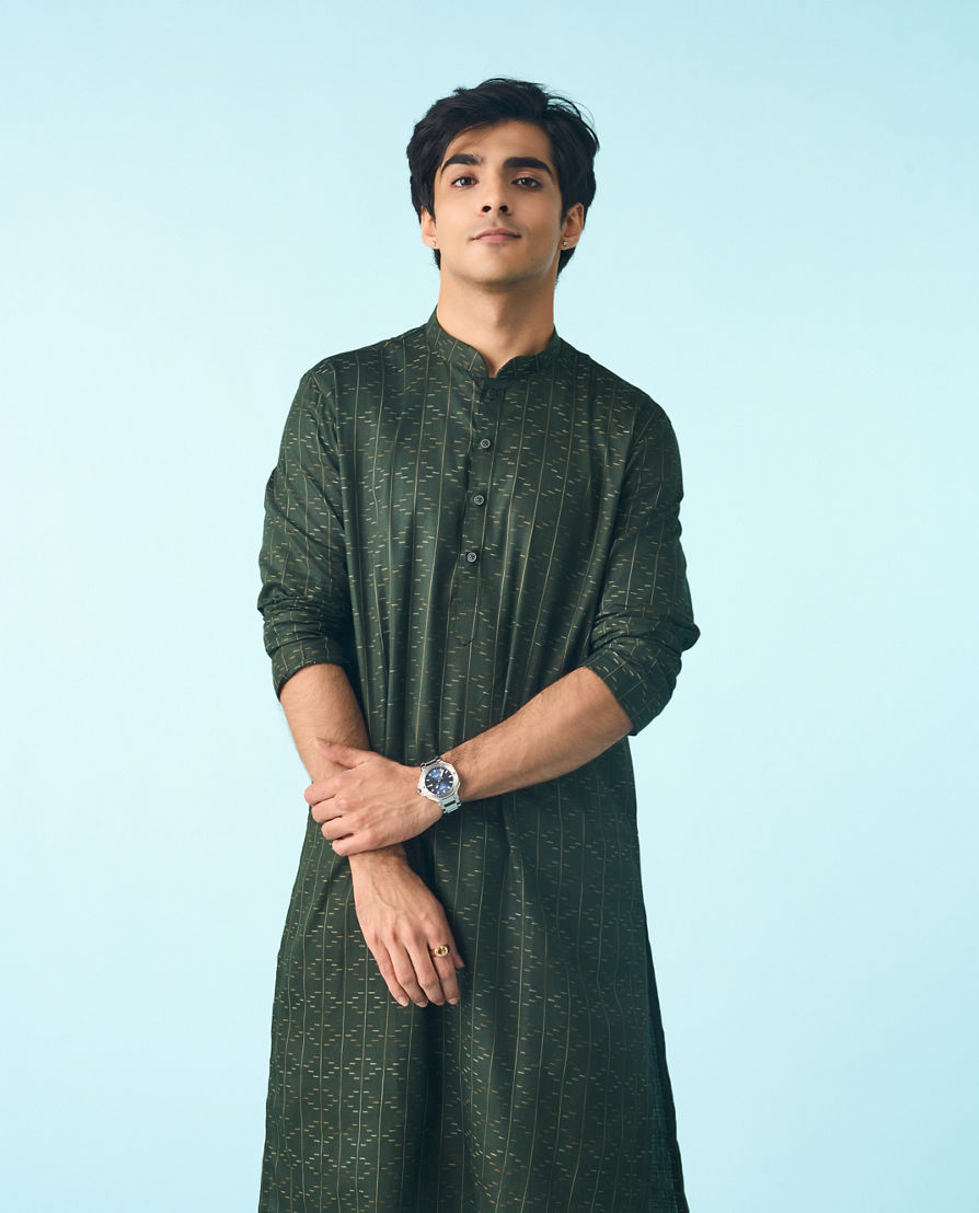 Diwas Men Dark Green Cotton Printed Kurta