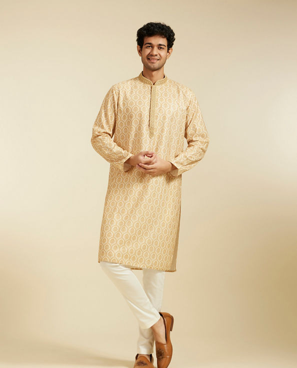 Diwas Men Sand Beige Medallion Printed Kurta with Embroidered Neckline