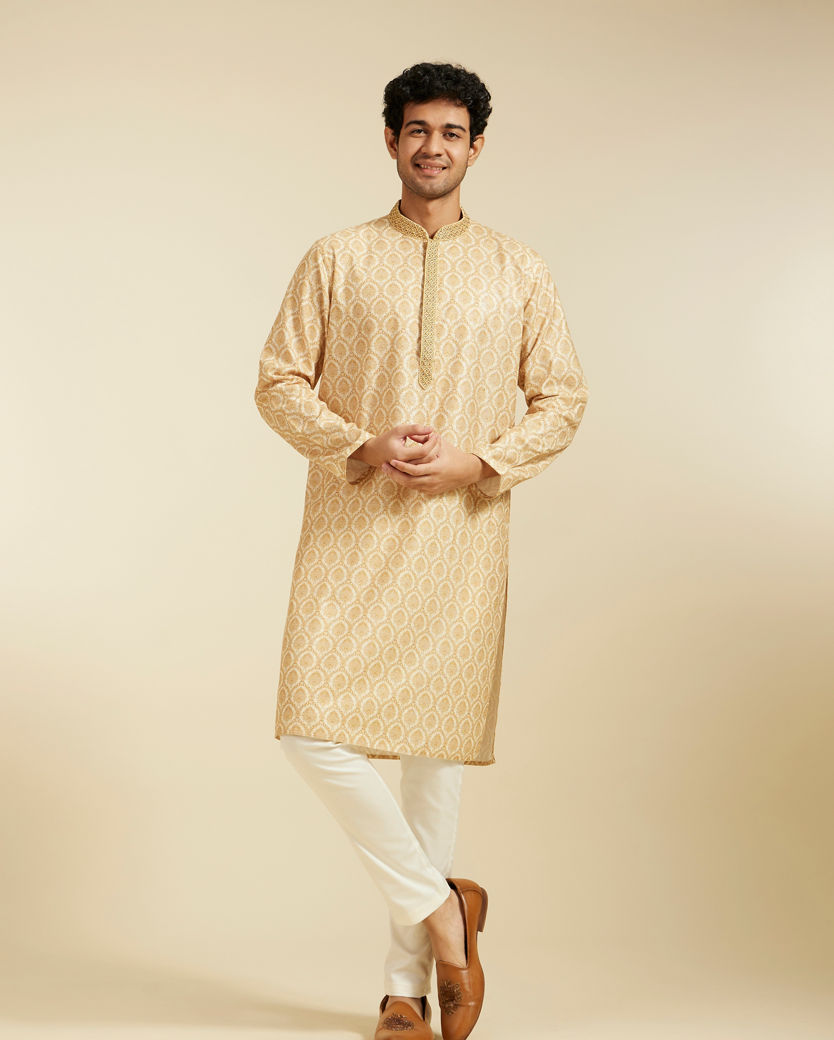 alt message - Diwas Men Sand Beige Medallion Kurta with Embroidered Neck image number 2