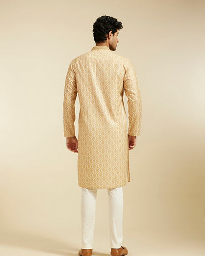 Diwas Men Sand Beige Medallion Printed Kurta with Embroidered Neckline