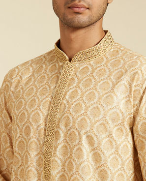 Diwas Men Sand Beige Medallion Printed Kurta with Embroidered Neckline