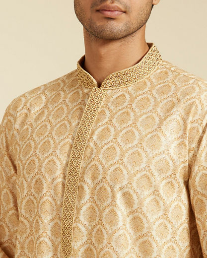 Diwas Men Sand Beige Medallion Printed Kurta with Embroidered Neckline