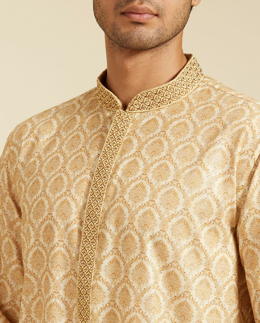 Diwas Men Sand Beige Medallion Printed Kurta with Embroidered Neckline
