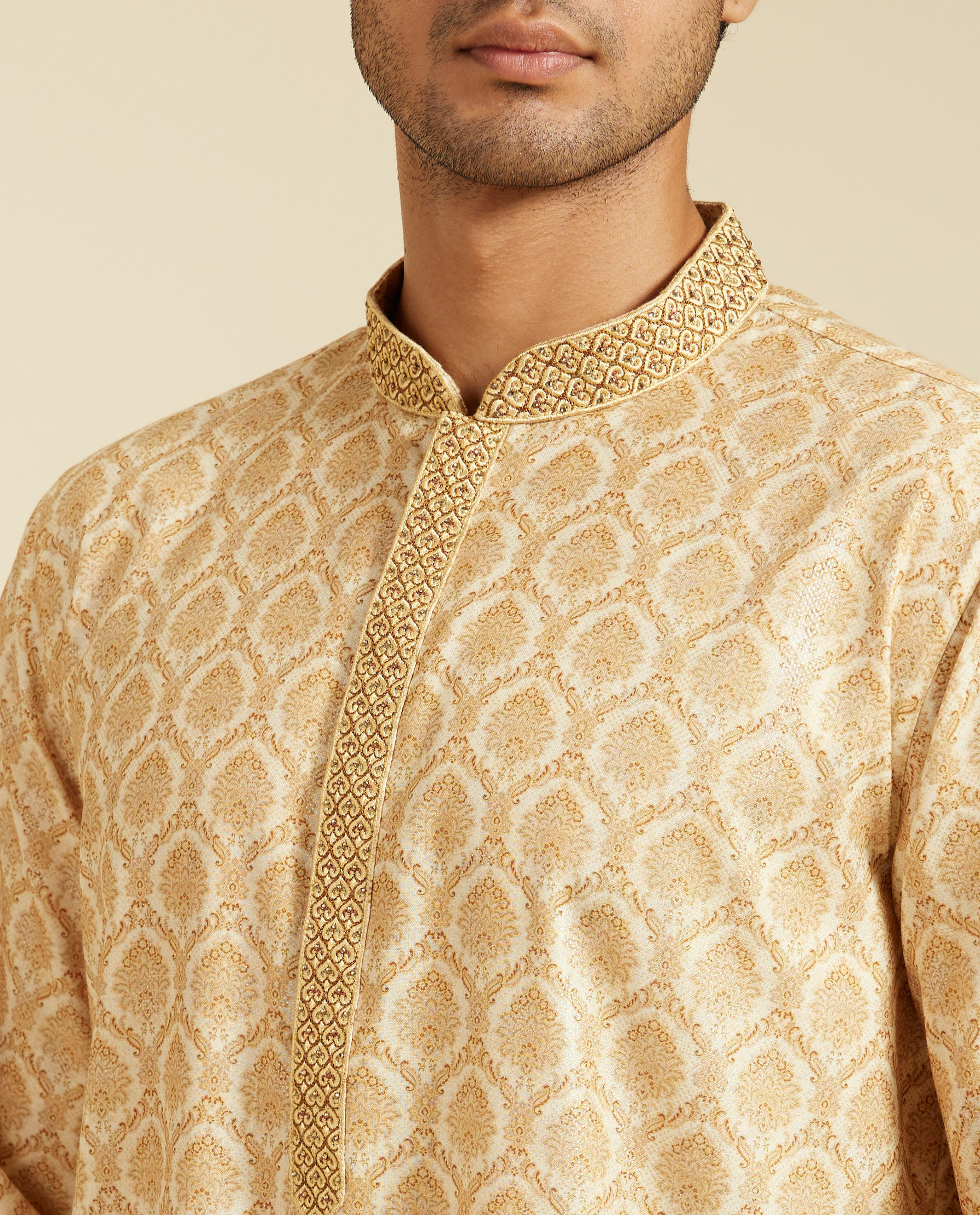 alt message - Diwas Men Sand Beige Medallion Kurta with Embroidered Neck image number 1