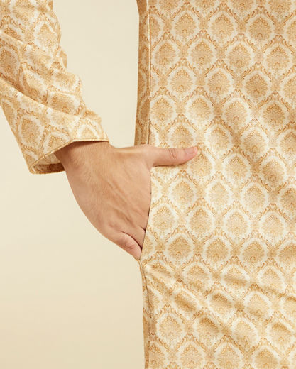 Diwas Men Sand Beige Medallion Printed Kurta with Embroidered Neckline