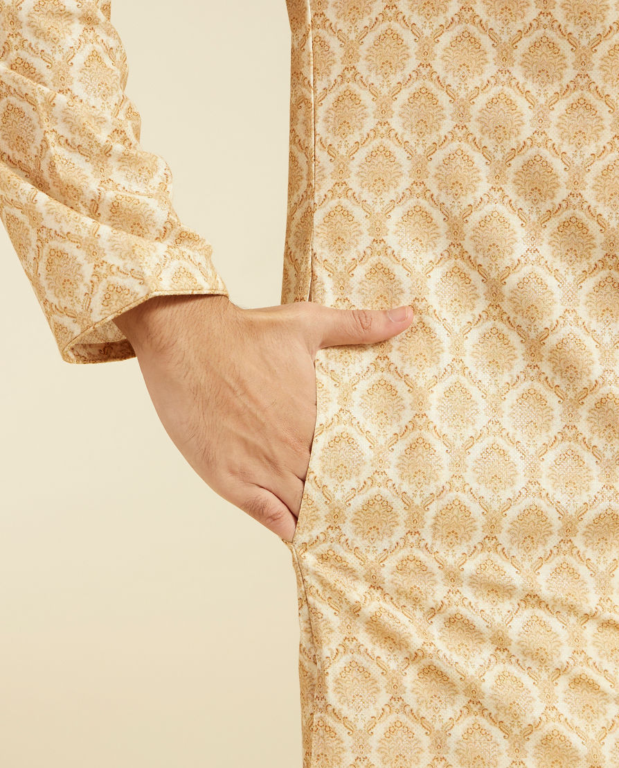 Diwas Men Sand Beige Medallion Printed Kurta with Embroidered Neckline