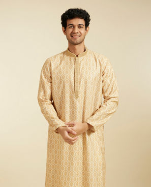 Diwas Men Sand Beige Medallion Printed Kurta with Embroidered Neckline