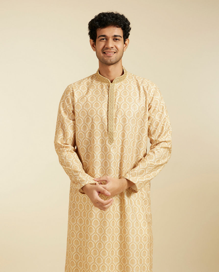 Diwas Men Sand Beige Medallion Printed Kurta with Embroidered Neckline