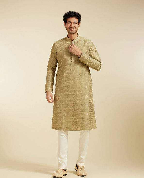 alt message - Diwas Men Pista Green Diamond Kurta with Potli Buttons image number 2