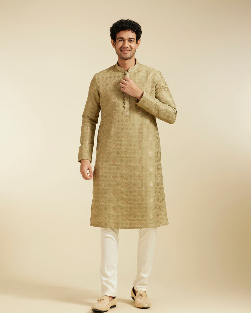 Diwas Men Pista Green Diamond Patterned Kurta with Potli Buttons