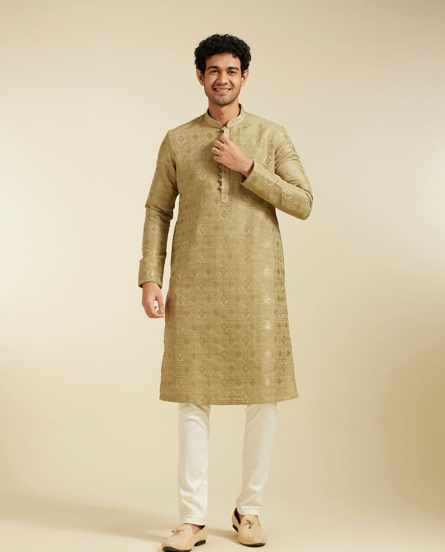 Diwas Men Pista Green Diamond Patterned Kurta with Potli Buttons