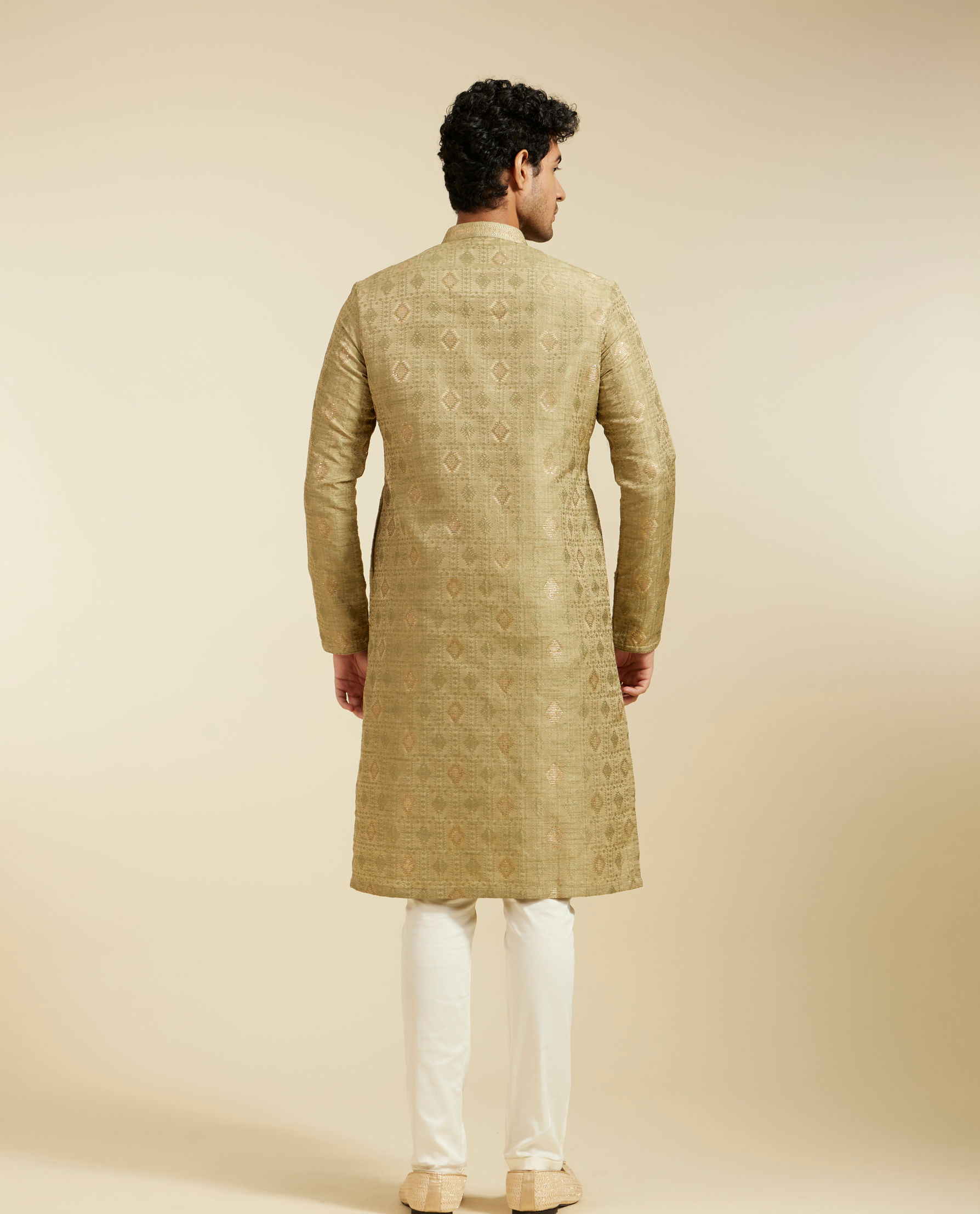 alt message - Diwas Men Pista Green Diamond Kurta with Potli Buttons image number 4