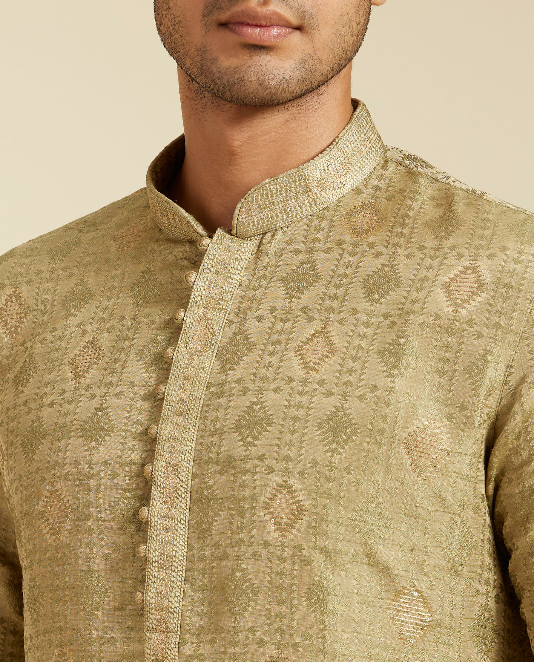 alt message - Diwas Men Pista Green Diamond Kurta with Potli Buttons image number 1