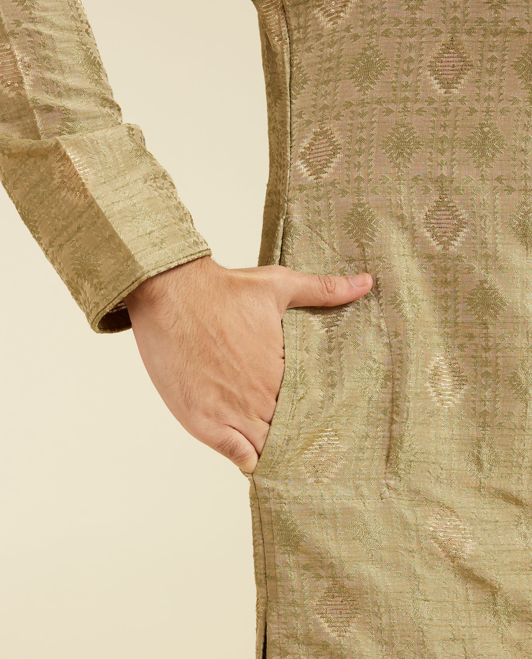 alt message - Diwas Men Pista Green Diamond Kurta with Potli Buttons image number 3