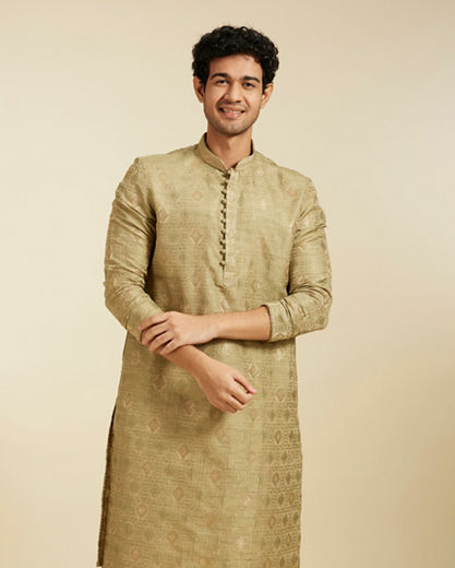 Diwas Men Pista Green Diamond Patterned Kurta with Potli Buttons