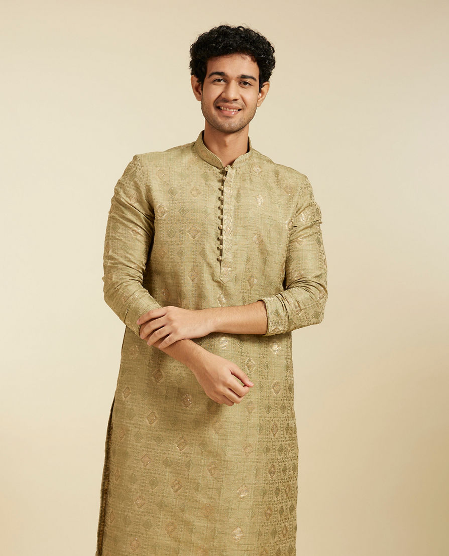 Diwas Men Pista Green Diamond Patterned Kurta with Potli Buttons