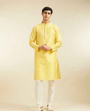 Diwas Men Sunshine Yellow Buta Embroidered Kurta with Sequin