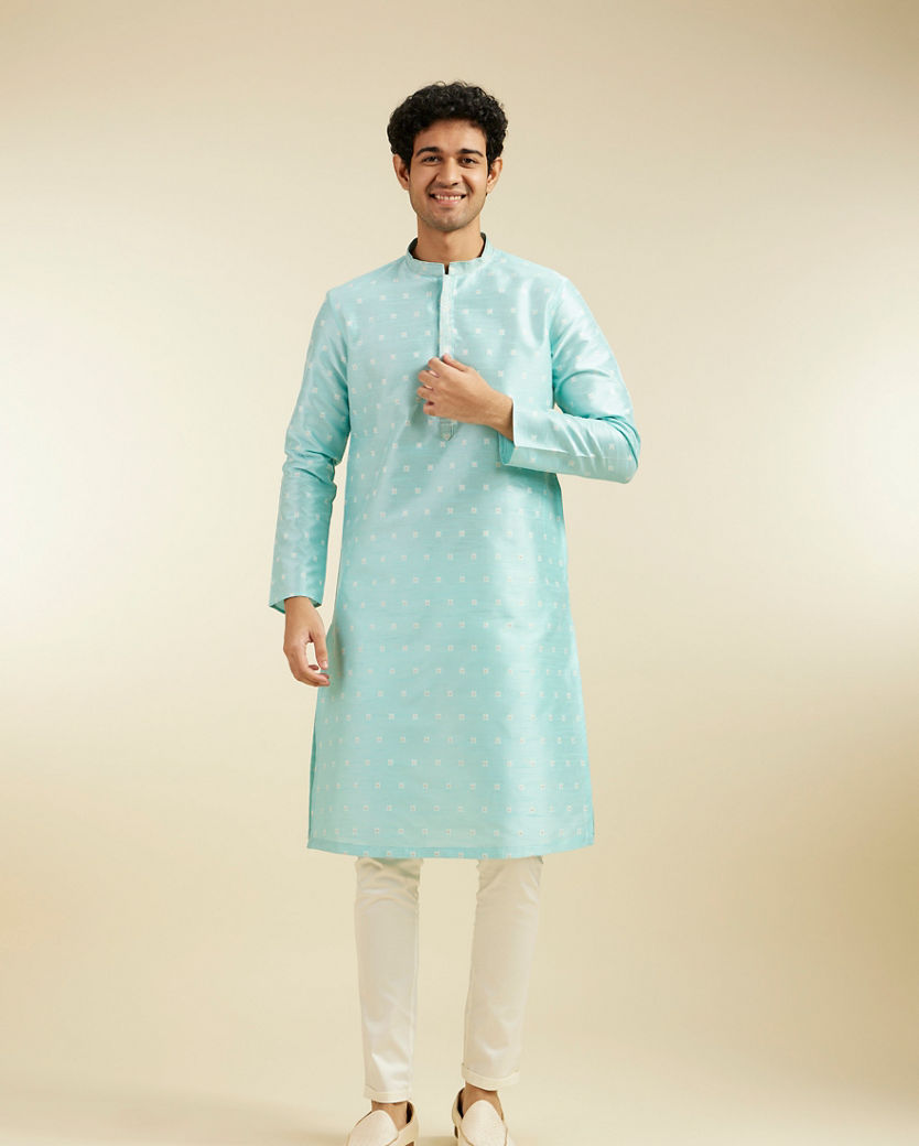 Diwas Men Aqua Green Buta Embroidered Kurta with Sequin