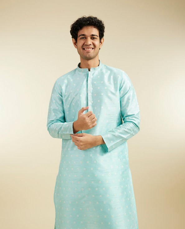 Diwas Men Aqua Green Buta Embroidered Kurta with Sequin