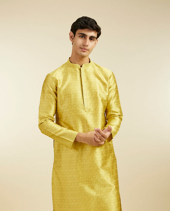 alt message - Diwas Men Mehndi Green Star Self Patterned Kurta image number 0