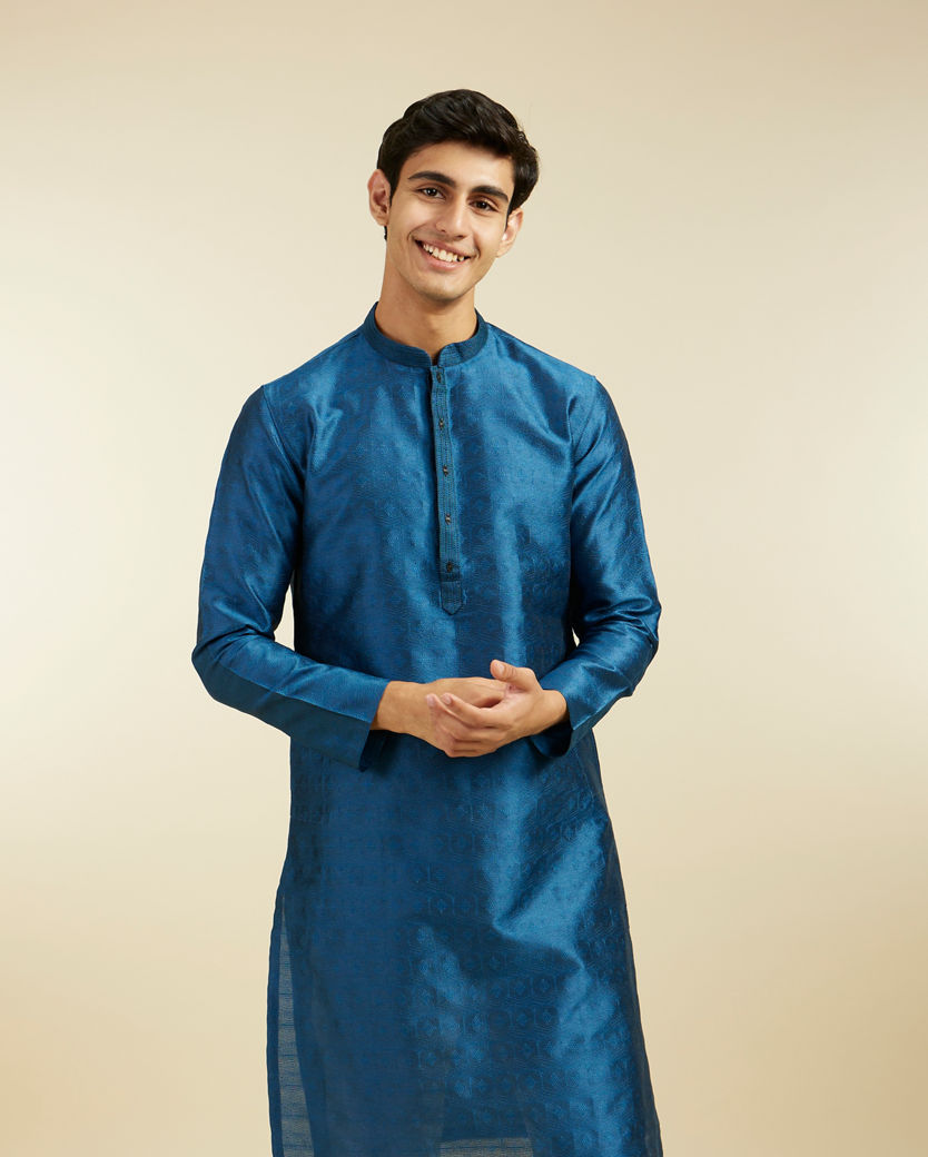 Diwas Men Teal Blue Star Self Patterned Kurta