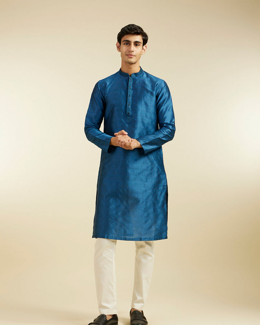 Diwas Men Teal Blue Star Self Patterned Kurta