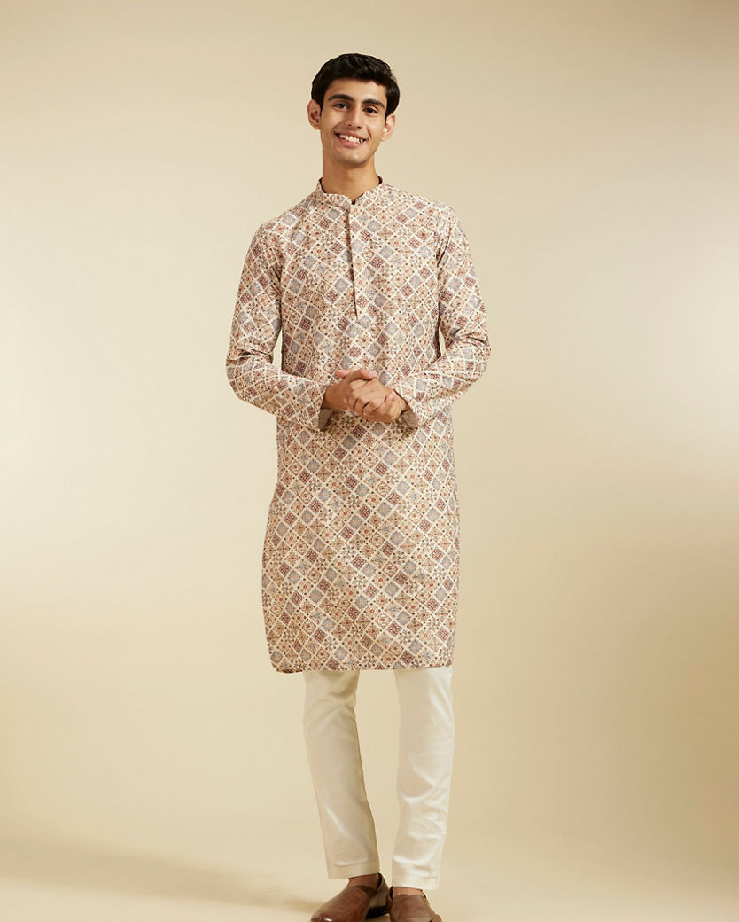 Diwas Men Soft Beige Chikankari Inspired Printed Kurta