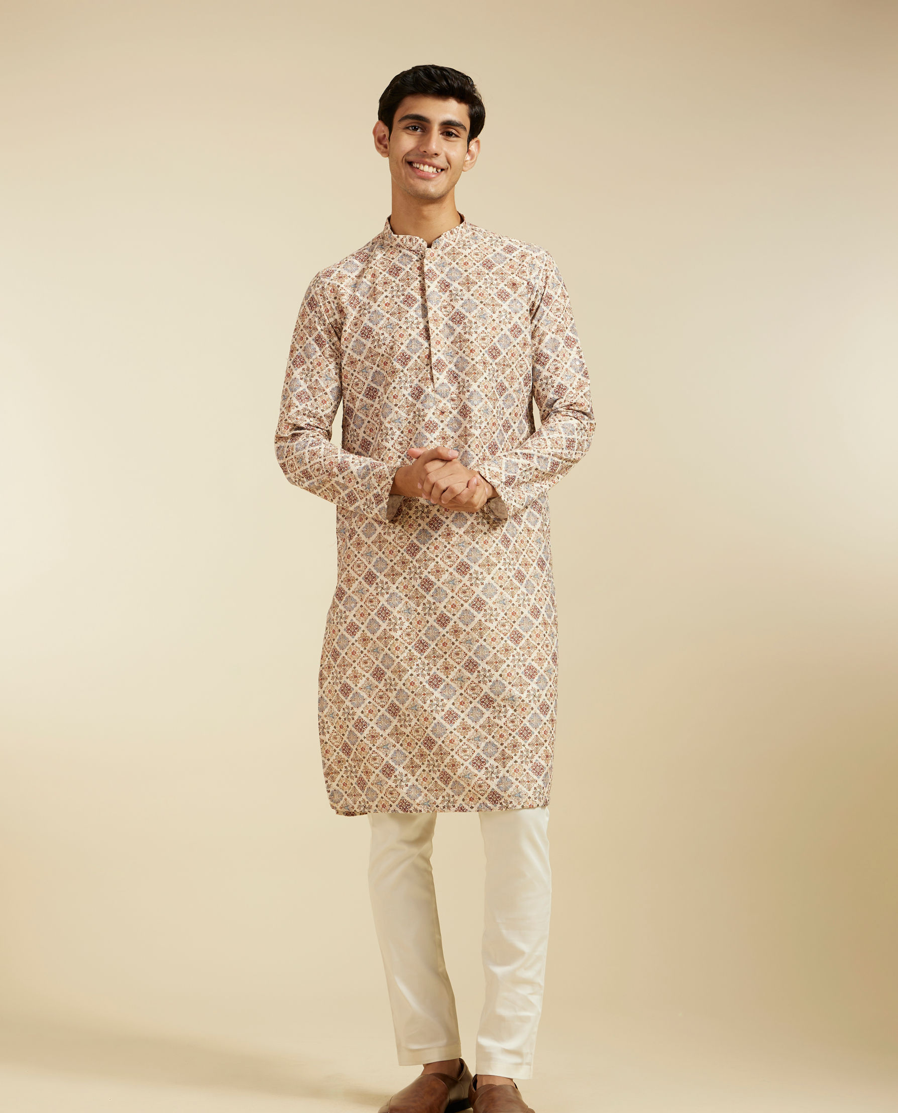 Diwas Men Soft Beige Chikankari Inspired Printed Kurta