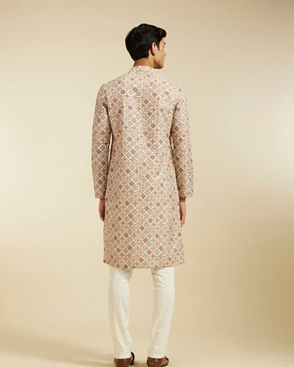 Diwas Men Soft Beige Chikankari Inspired Printed Kurta