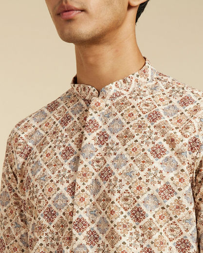 Diwas Men Soft Beige Chikankari Inspired Printed Kurta