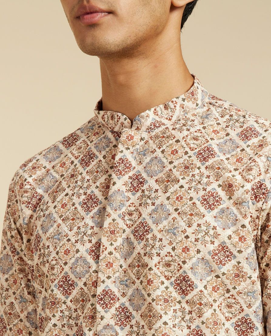 Diwas Men Soft Beige Chikankari Inspired Printed Kurta