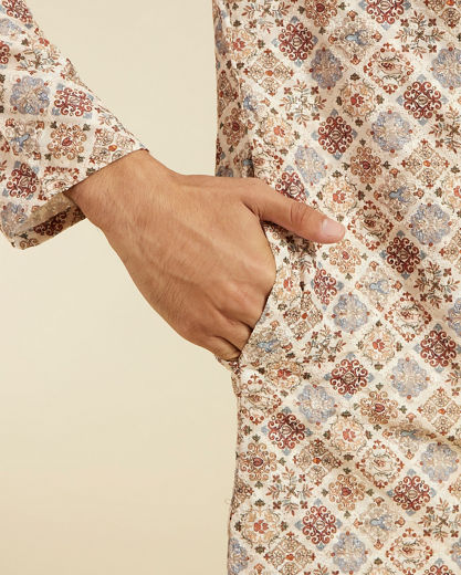 Diwas Men Soft Beige Chikankari Inspired Printed Kurta