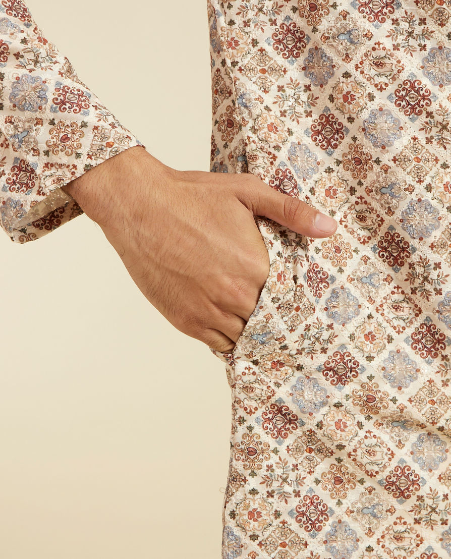 Diwas Men Soft Beige Chikankari Inspired Printed Kurta