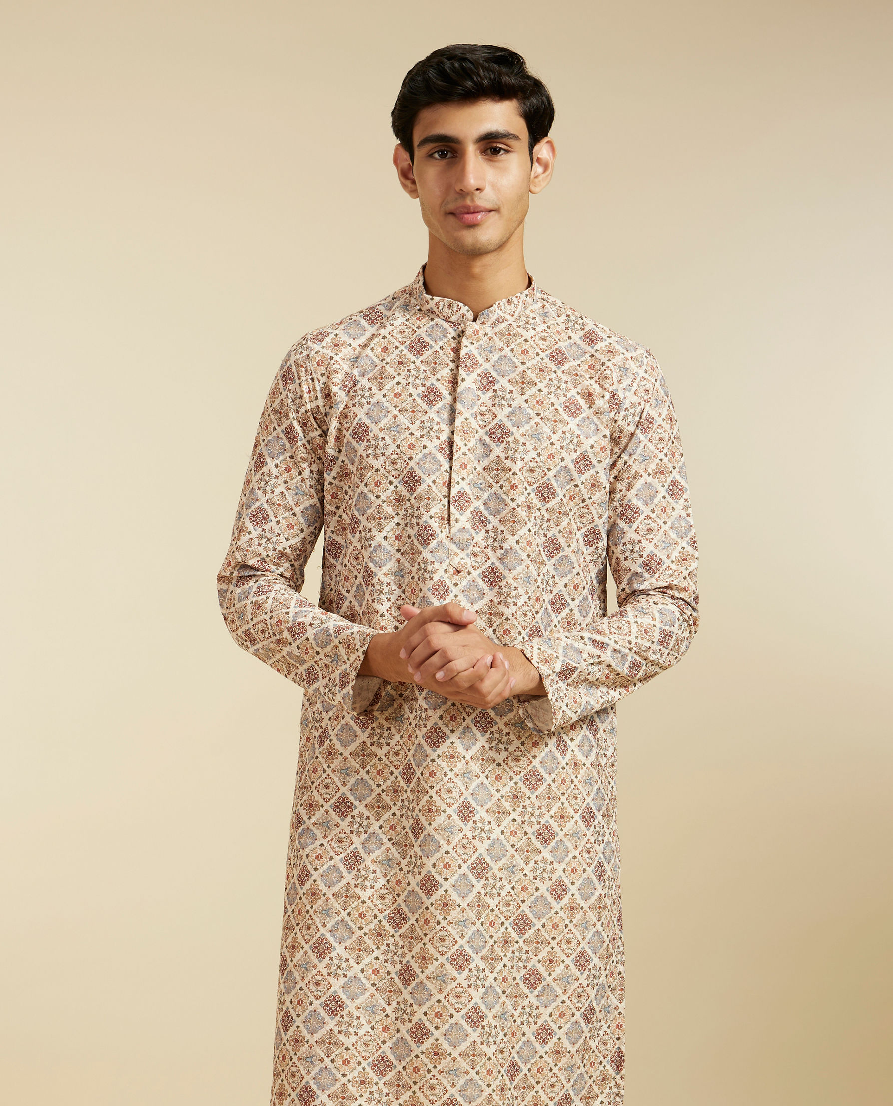 alt message - Diwas Men Soft Beige Chikankari Inspired Printed Kurta image number 0