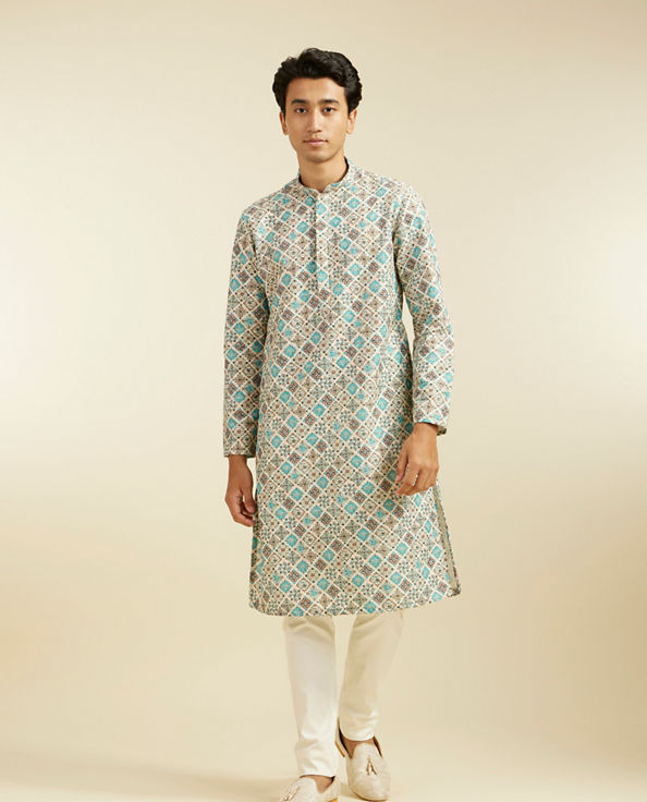 alt message - Diwas Men Aqua Green Chikankari Inspired Printed Kurta image number 2