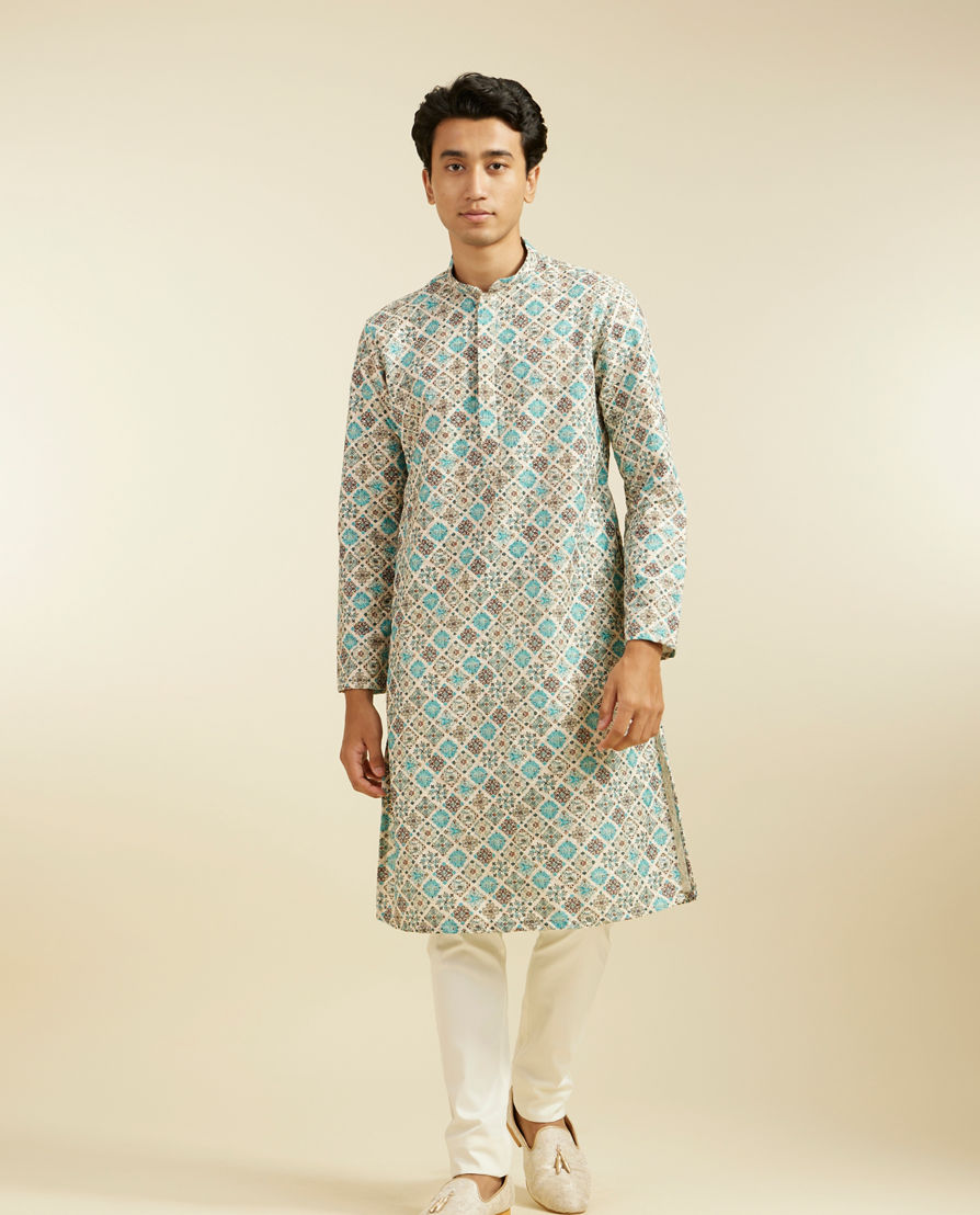 Diwas Men Aqua Green Chikankari Inspired Printed Kurta