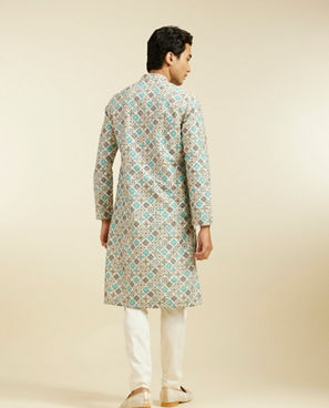 Diwas Men Aqua Green Chikankari Inspired Printed Kurta