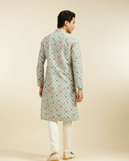 Diwas Men Aqua Green Chikankari Inspired Printed Kurta