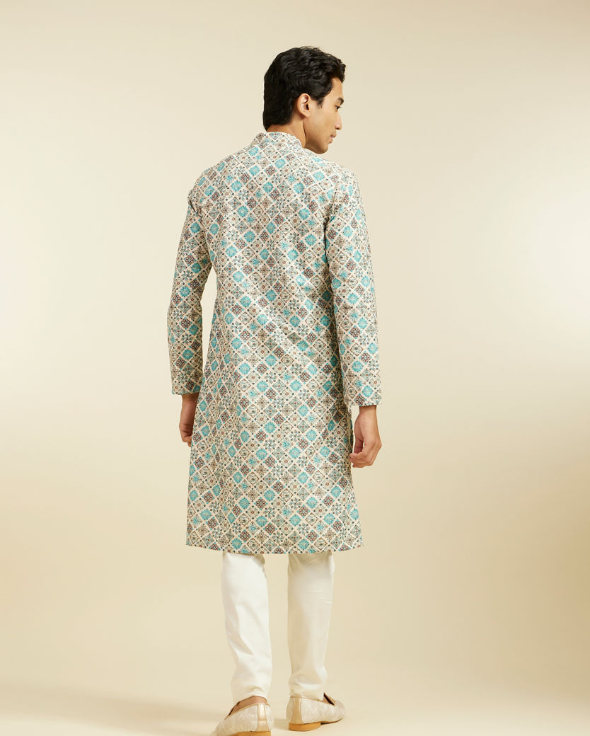 alt message - Diwas Men Aqua Green Chikankari Inspired Printed Kurta image number 4