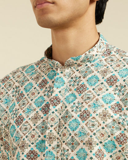 Diwas Men Aqua Green Chikankari Inspired Printed Kurta