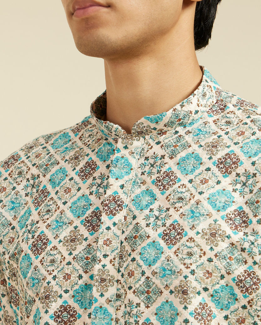 alt message - Diwas Men Aqua Green Chikankari Inspired Printed Kurta image number 1