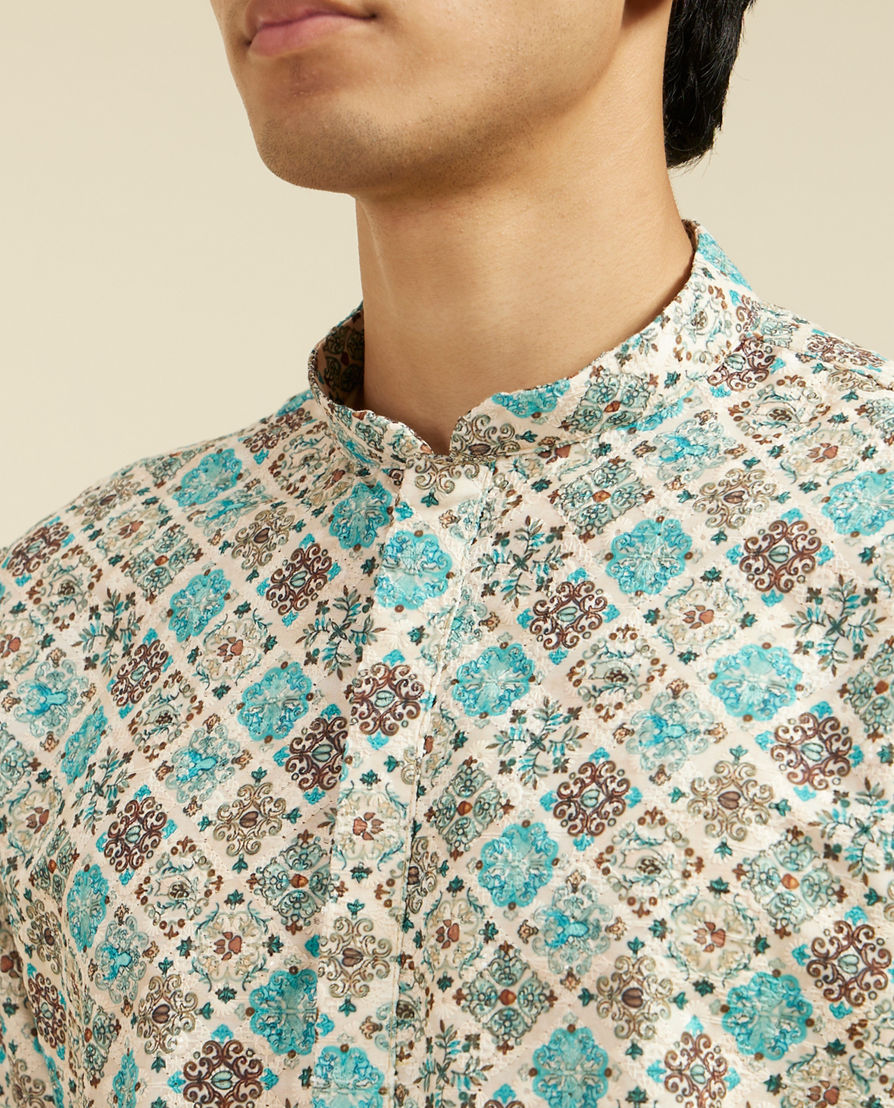 Diwas Men Aqua Green Chikankari Inspired Printed Kurta