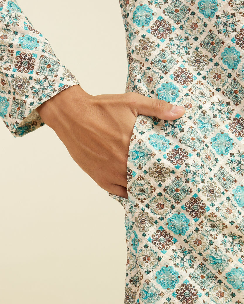 Diwas Men Aqua Green Chikankari Inspired Printed Kurta