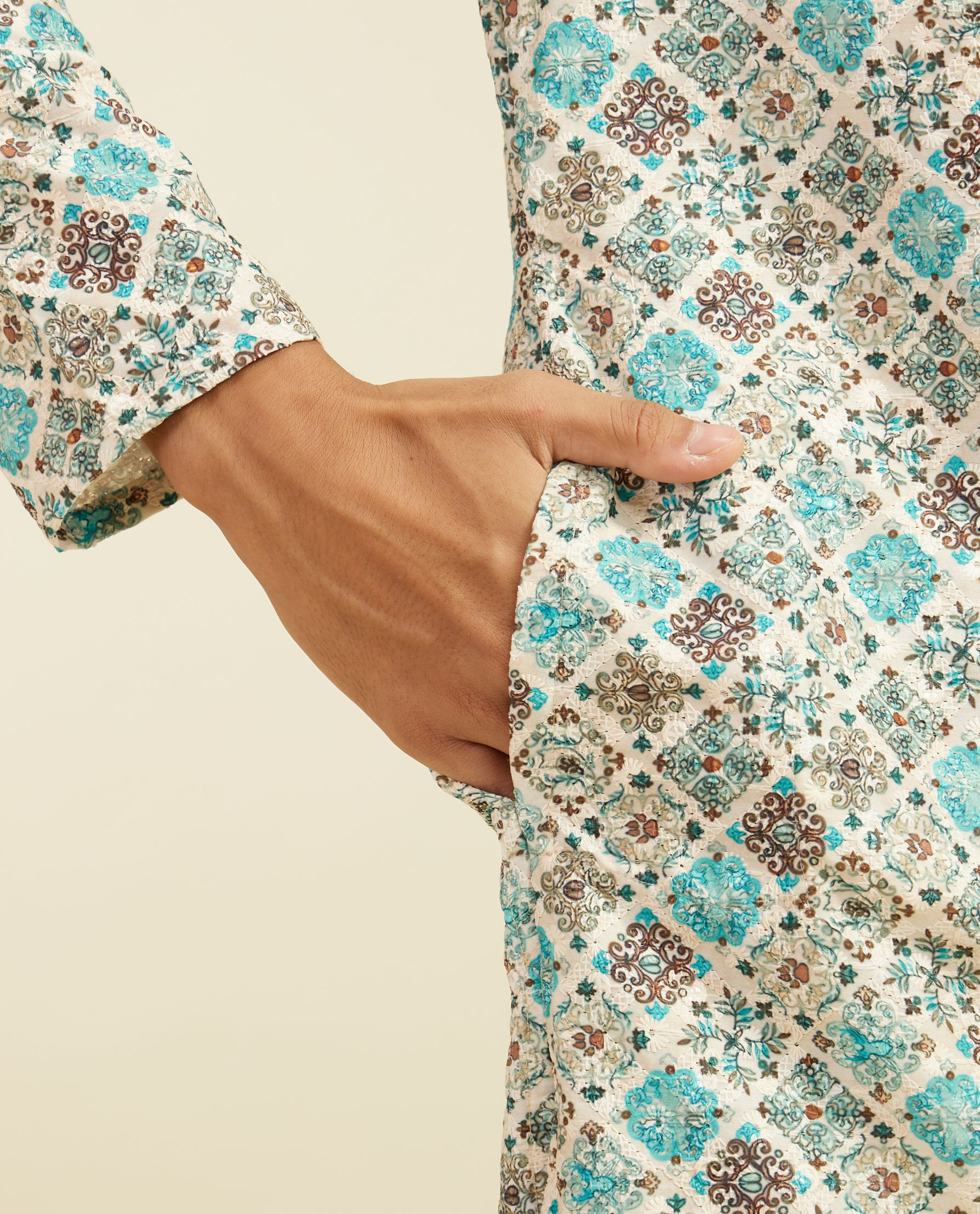 Diwas Men Aqua Green Chikankari Inspired Printed Kurta