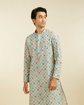 Diwas Men Aqua Green Chikankari Inspired Printed Kurta