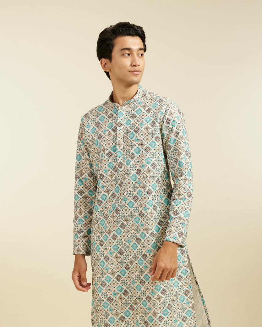 alt message - Diwas Men Aqua Green Chikankari Inspired Printed Kurta image number 0