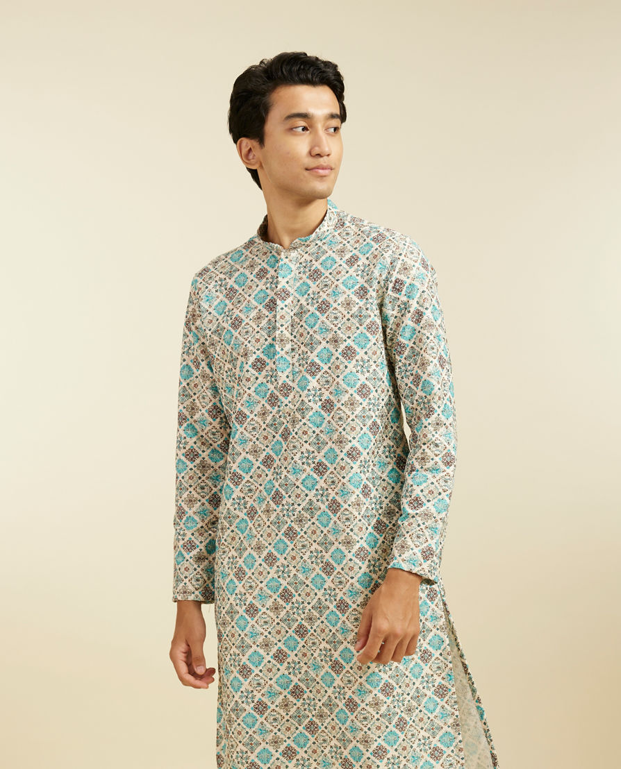 Diwas Men Aqua Green Chikankari Inspired Printed Kurta