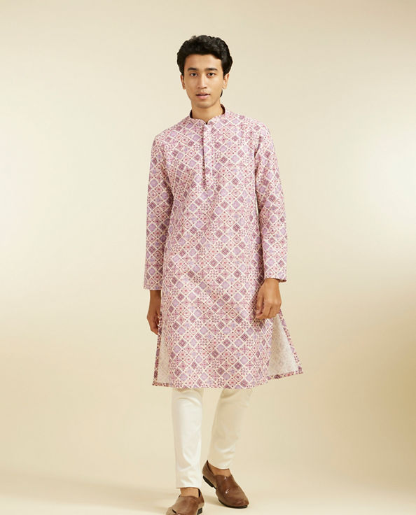 alt message - Diwas Men Soft Lilac Chikankari Inspired Printed Kurta image number 2