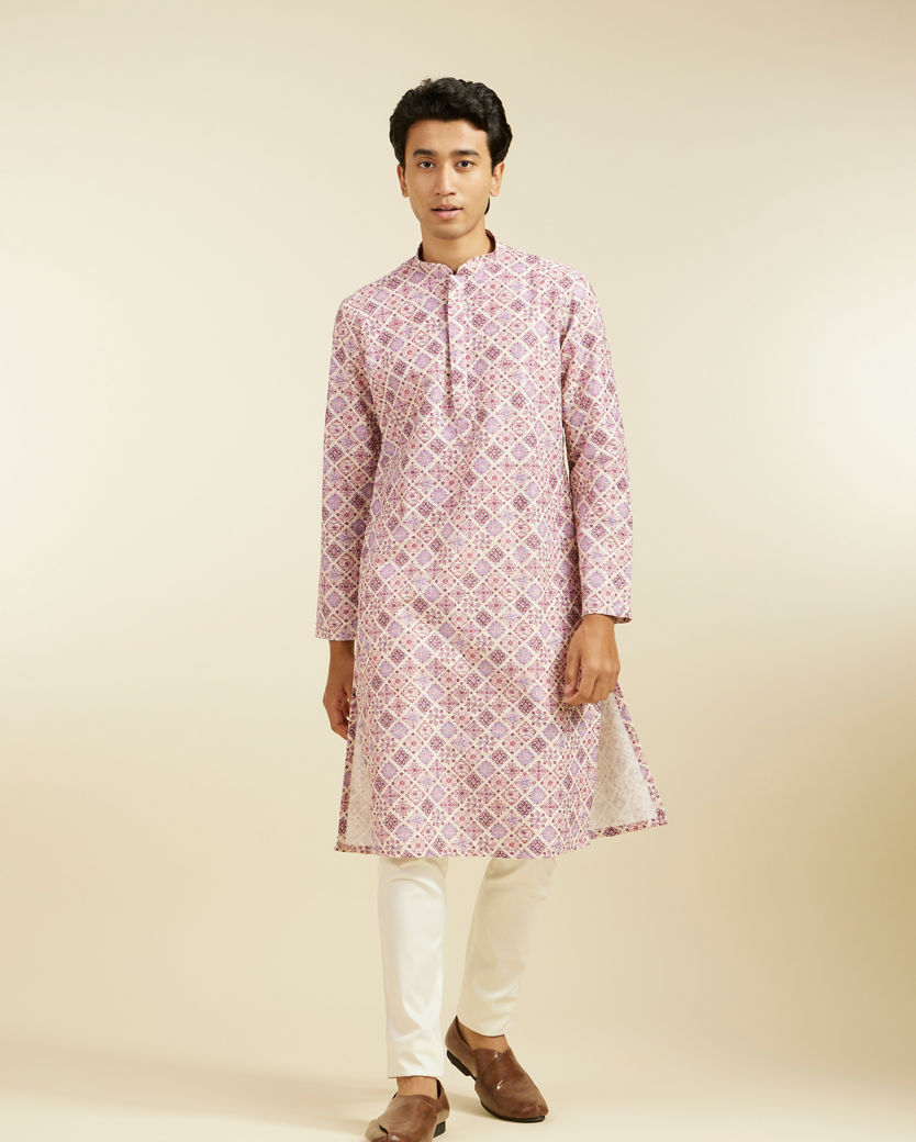 alt message - Diwas Men Soft Lilac Chikankari Inspired Printed Kurta image number 2