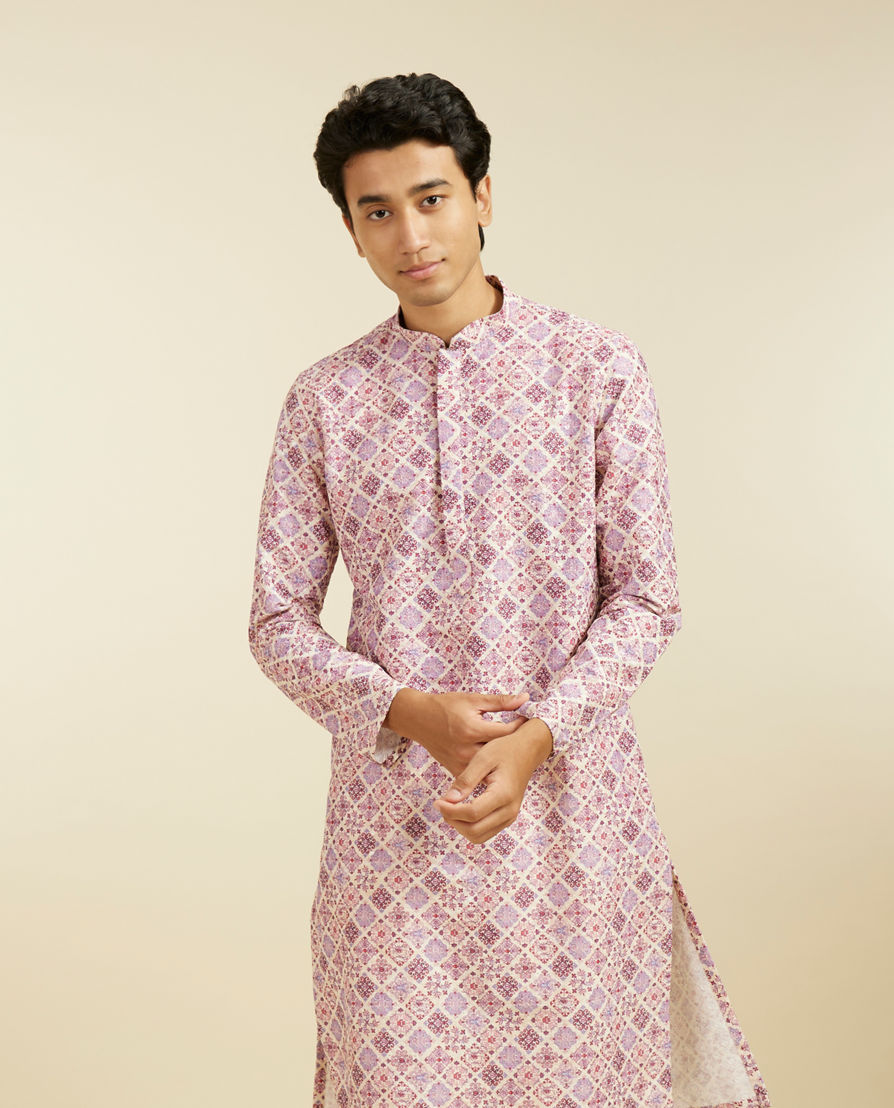Diwas Men Soft Lilac Chikankari Inspired Printed Kurta